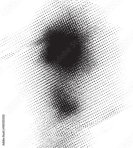 A dark circle dominates a field of scattered white dots.