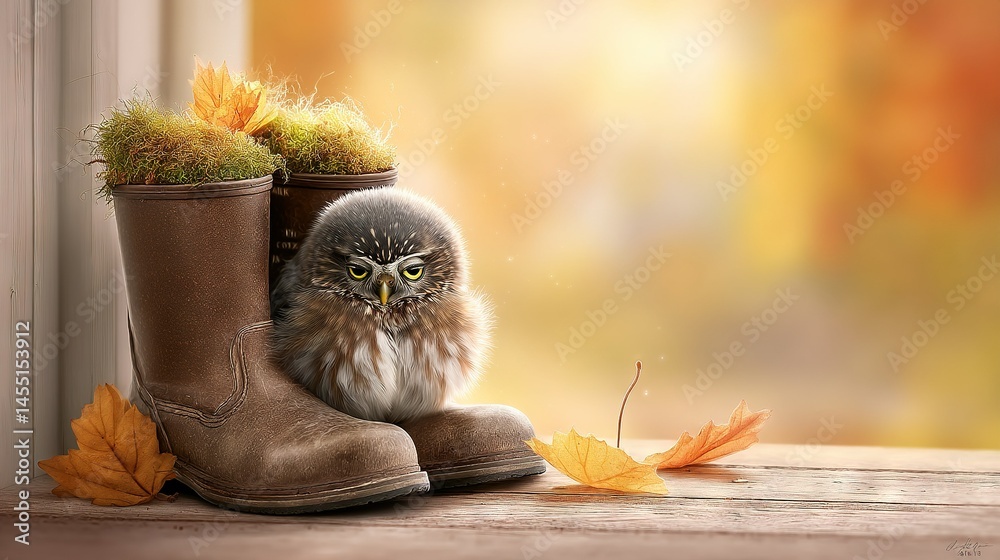 Obraz premium Small owl perched on boots beside potted plant, owl head protruding from pot