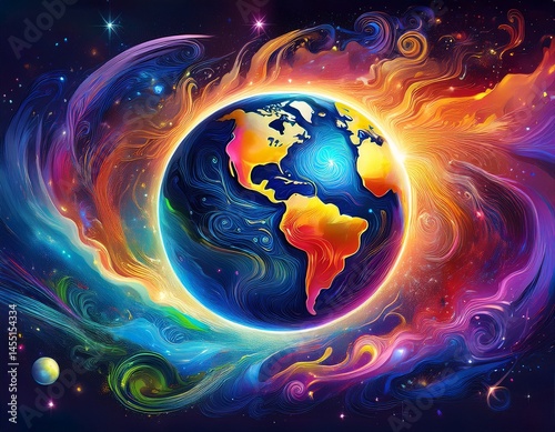 a vibrant abstract representation of earth surrounded by a starry cosmos showcasing swirls of color and energy