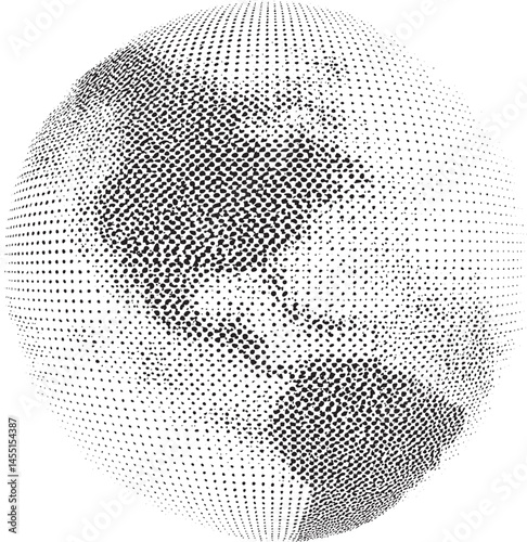 A spherical displays a detailed of numerous tiny dots forming an abstract world.