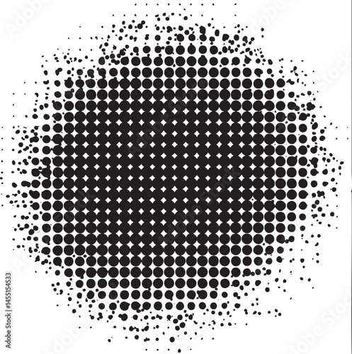 A dense arrangement of numerous black circles radiates outward from a central point creating an abstract .