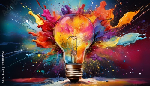 light bulb explosion with vibrant color splash symbolizing creative thinking and imagination