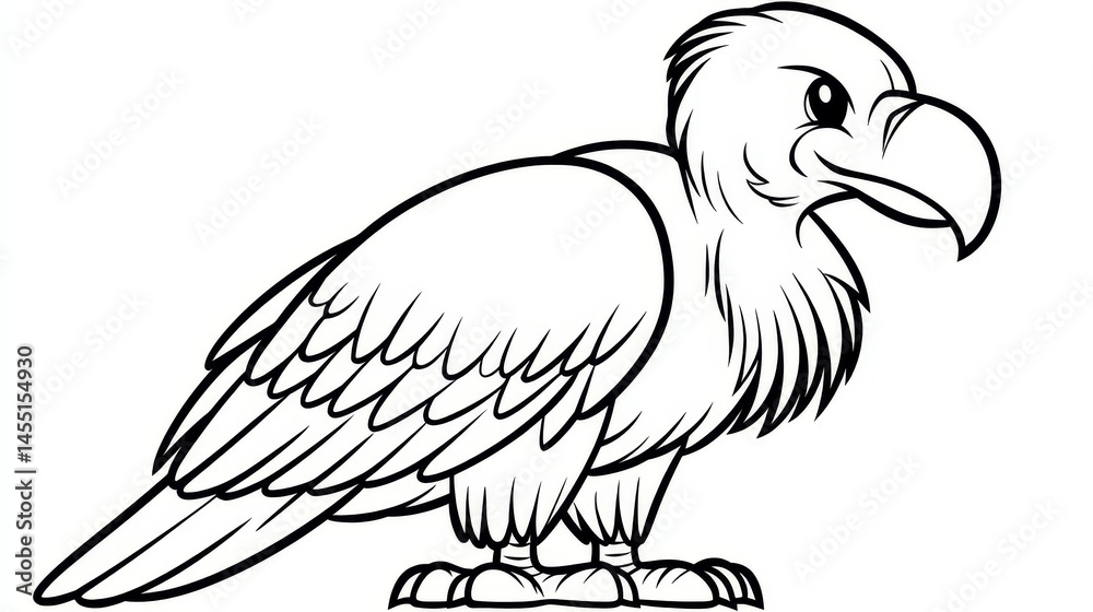 Obraz premium Black and white cartoon vulture with large beak and detailed feathers
