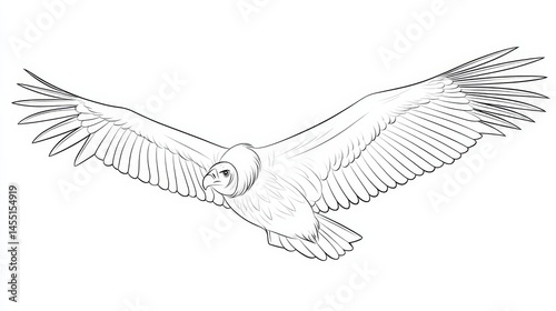 Detailed black and white line art of a flying vulture with spread wings