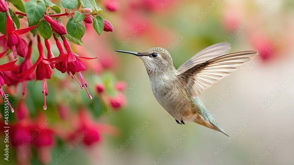 Obraz premium A hummingbird hovers in front of a fuchsia plant with red and green flowers