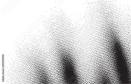 A dark silhouette of two figures emerges from a textured background of scattered dots.