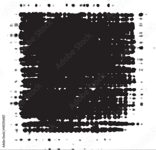 A dense fragmented square of black dots against a white background.