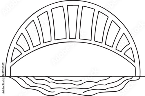 A simple black drawing depicts a curved bridge over water.