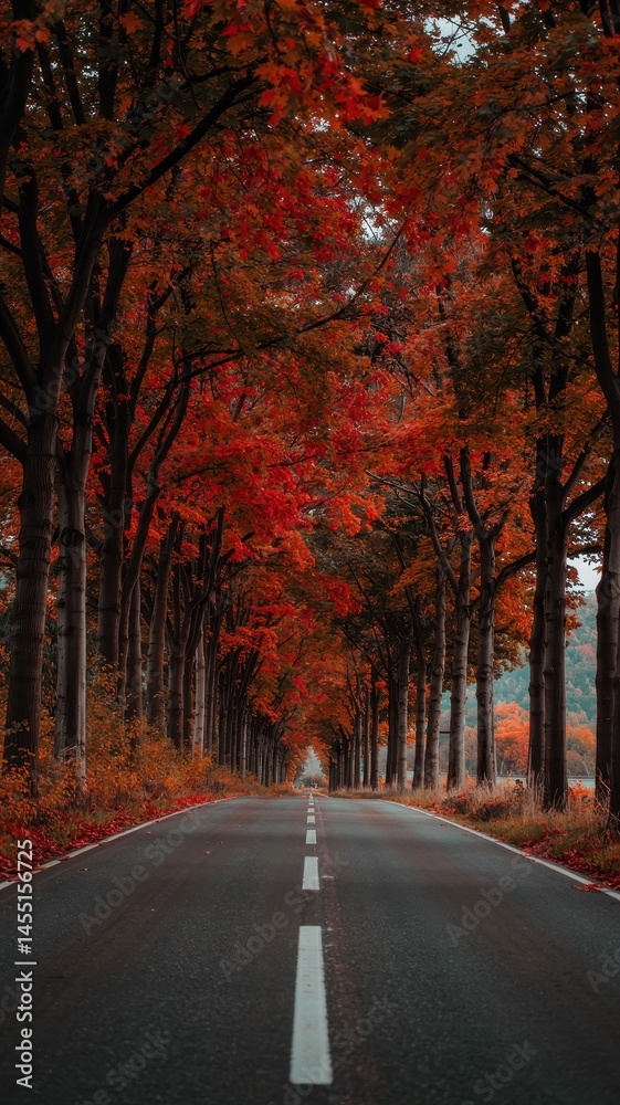 Fototapeta premium Autumn road lined with vivid fall trees and gray overcast sky