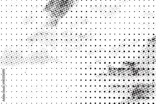 A textured black and white of numerous small scattered dots creates a dynamic visual effect.