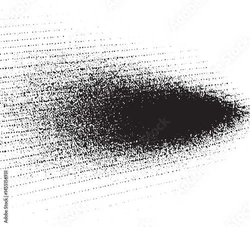 A dense scattering of tiny dark dots creates a dramatic elongated shape against a white background.