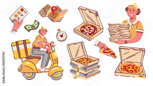 Pizza order and delivery cartoon set. Funny delivery man on scooter, boy delivering box stack, open package with pizza. Fast food shipping mascots, cartoon pizzeria collection vector illustration