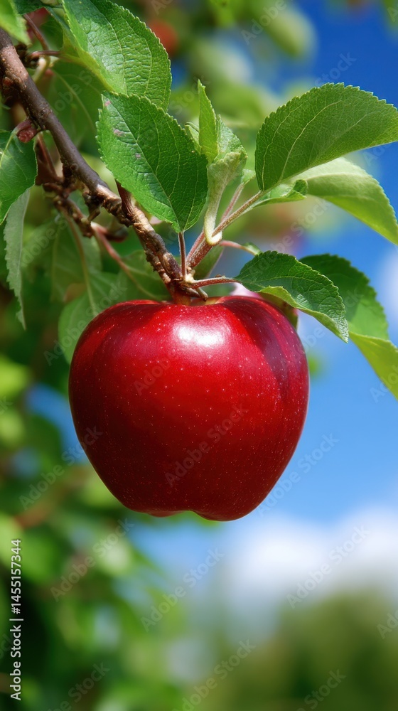 Close up of a ripe, shiny red apple hanging from a tree branch against a vibrant blue sky surrounded by lush green leaves Close up of a ripe, shiny red apple hanging from a tree branch against a vibrant blue sky surrounded by lush green leaves
