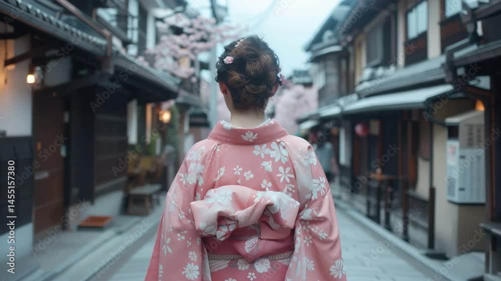 桜咲く街並みを歩くピンクの着物の日本人女性 桜咲く街並みを歩くピンクの着物の日本人女性