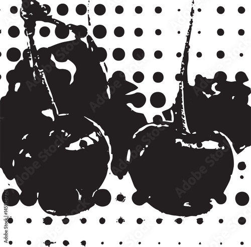 Two dark cherries hang from a delicate stem against a patterned background.