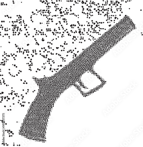A dark silhouette of a firearm disperses into numerous tiny black dots.