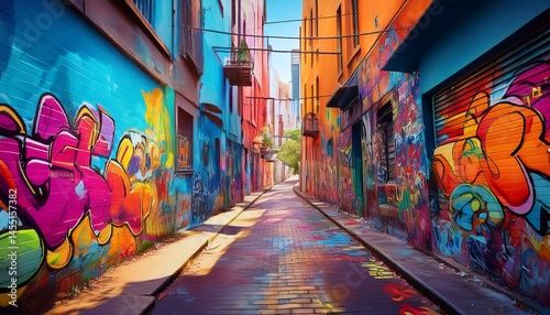 urban narrow alleyway is filled with graffiti vibrant colors city street art artistic expression walls with street art tags artwork cityscape with old buildings inner city creative landscape