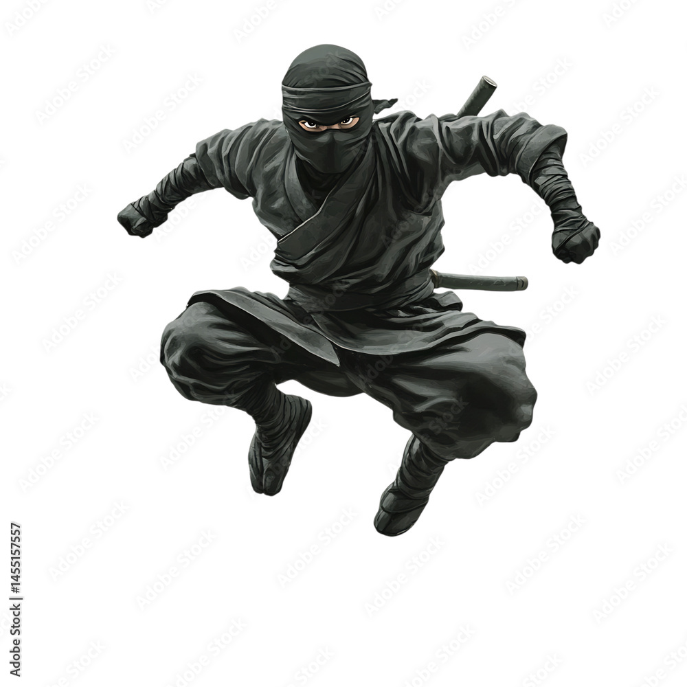 A Black Ninja Leaping Over Rooftops Isolated on Transparent Background A Black Ninja Leaping Over Rooftops Isolated on Transparent Background