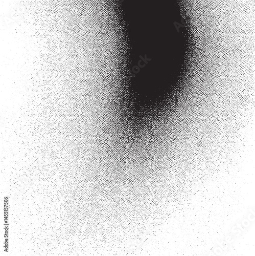 A stark black shape emerges from a dense field of white dots.