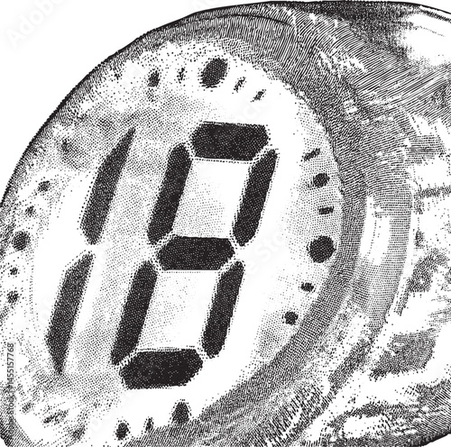 A stark monochrome depicts a large number eight formed within a translucent sphere.