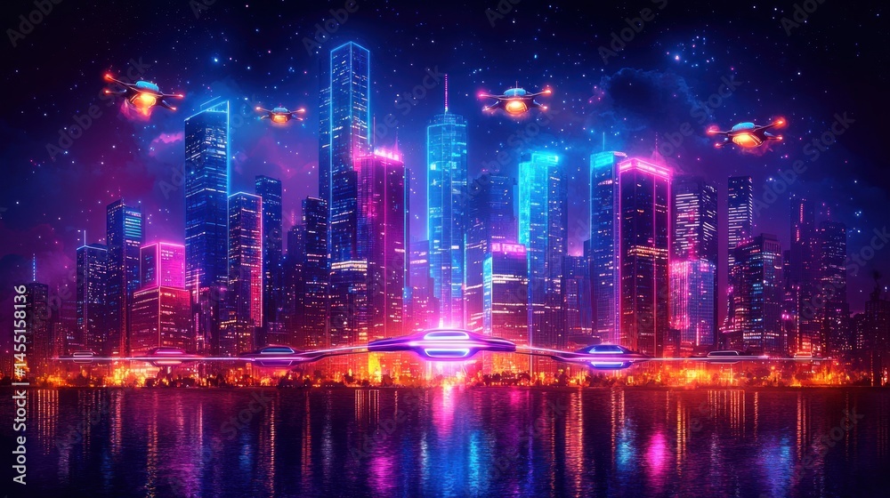 Obraz premium Neon Cityscape: Futuristic Nightscape with Flying Vehicles