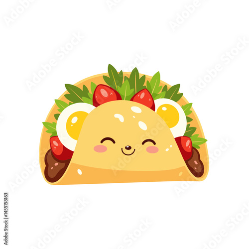 Cute breakfast taco vector, smiling with ingredients on transparent background, food illustration concept