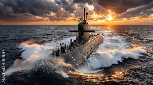 Submarine navigating ocean waves at sunset with dramatic sky and splashing water