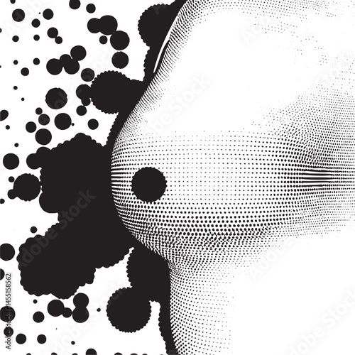 A stylized partially revealed face emerges from a dynamic splatter of black dots.