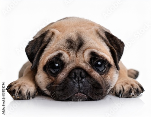 adorable chubby pug dogs lying down with sad puppy eyes isolated on white background
