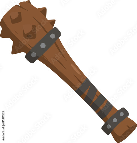 Medieval wooden spiked club weapon with metal bands illustration in cartoon style vector image 