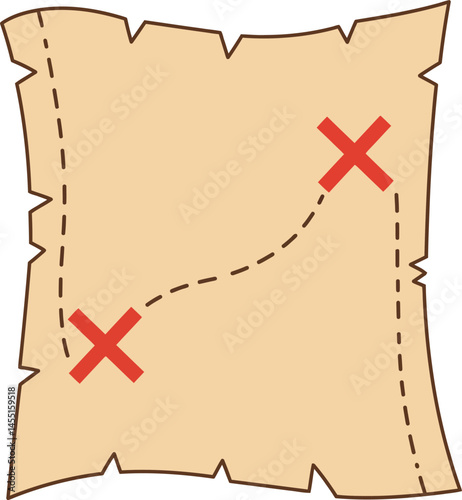 Treasure map with two red marks and dotted path on aged parchment paper vector illustration for adventure and exploration themes 