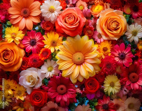floral wall with roses daisy flowers nature spring summer bloom background in various vibrant colors orange yellow red flowers texture beauty blossom flora bouquet garden floral backdrop
