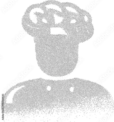 A grayscale portrait depicts a man wearing a dark suit with a prominent textured hat.