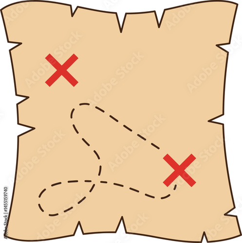 Treasure map with marked red Xs and dashed route on aged paper vector illustration