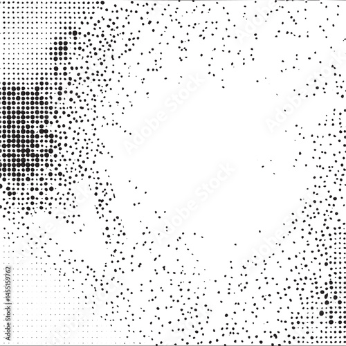 A grayscale portrait reveals a focused individual surrounded by numerous small dots.