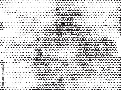 A minimalist portrait appears as a dense array of dark dots on a white background.