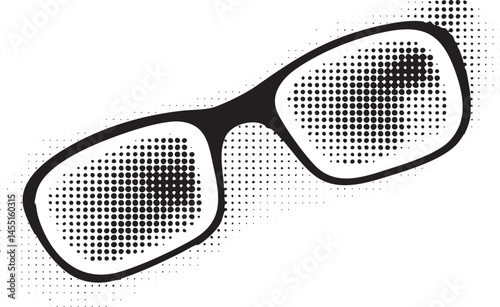 A pair of stylized eyeglasses features a dotted .
