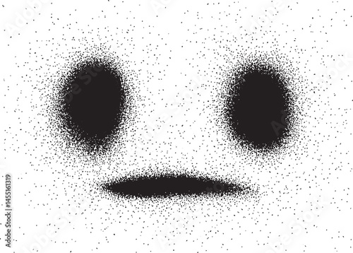 A grayscale portrait depicts a round face with intensely dark eyes and a slightly open mouth.