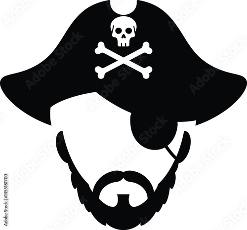 Pirate face with skull and crossbones hat and eyepatch vector illustration in black and white