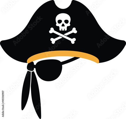 Pirate hat with skull and crossbones symbol and eyepatch vector illustration in black and orange colors for costume or theme design 