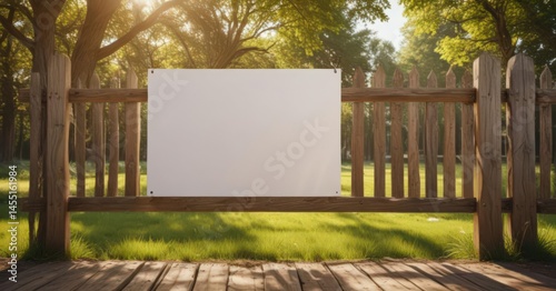 Blank poster mockup on rustic wooden fence, sunny park setting, nature, mockup, grass