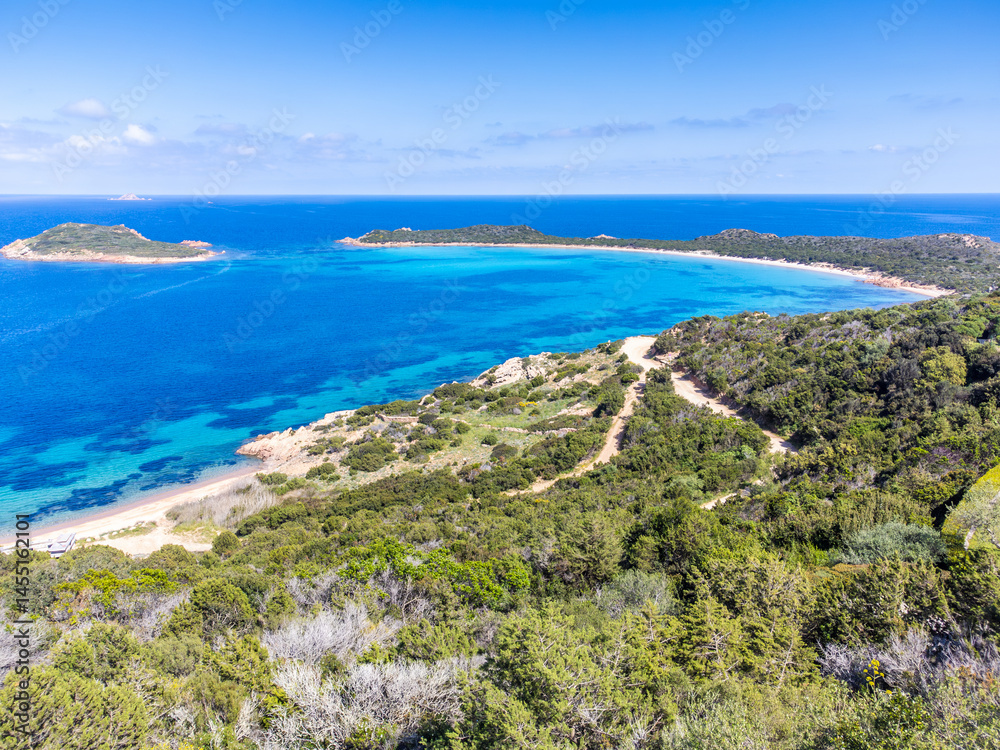 Aerial view of green vegetation and blue sea in Capo Coda Cavallo