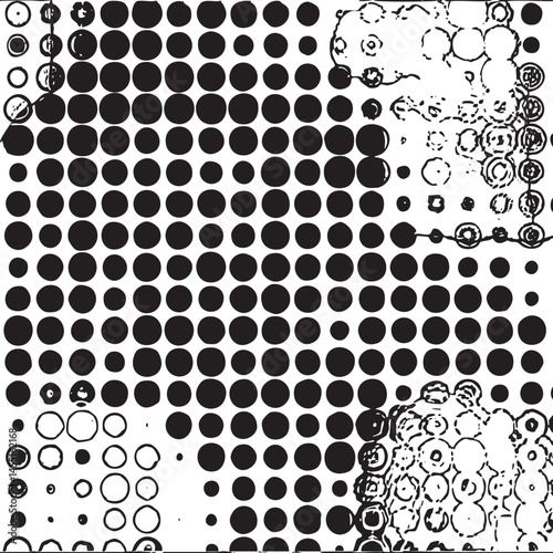 A dense of overlapping black and white circles creates a complex textured visual field.