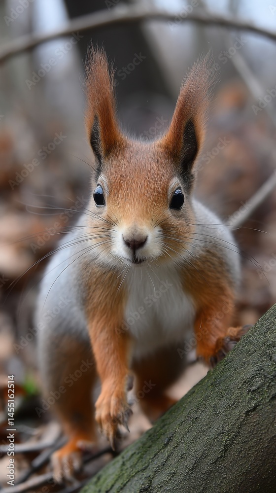 Alert red squirrel standing on a tree branch in a forest environment looking directly at the camera lens with curiosity Alert red squirrel standing on a tree branch in a forest environment looking directly at the camera lens with curiosity