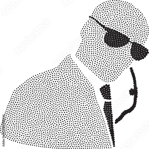 A shadowy figure wearing sunglasses stands with a contemplative posture.