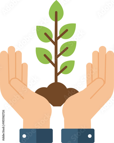 Hands holding young plant with soil symbolizing environmental care and growth concept vector illustration 