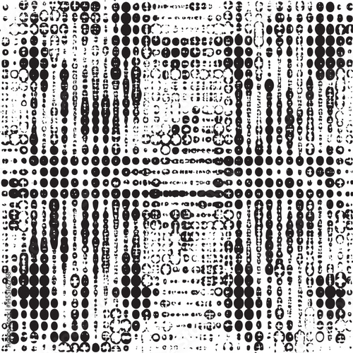 Dense array of overlapping black circles on a textured background.