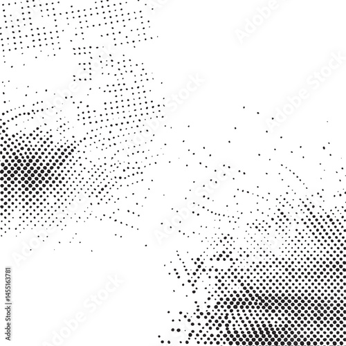 A dense of scattered black dots dominates a white background creating an abstract visual texture.