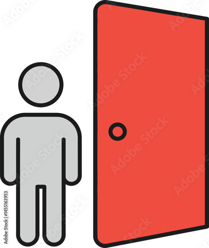 Person standing next to open red door icon simple design vector illustration 