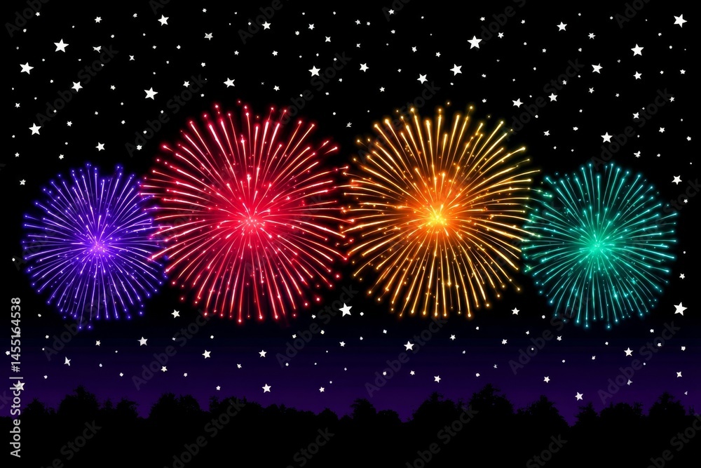 Fototapeta premium Vibrant multicolored fireworks display illuminating night sky with stars